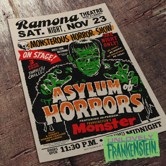 Asylum of Horrors (with Frankenstein's Monster) Spook Show Poster | 11x17 Art Print