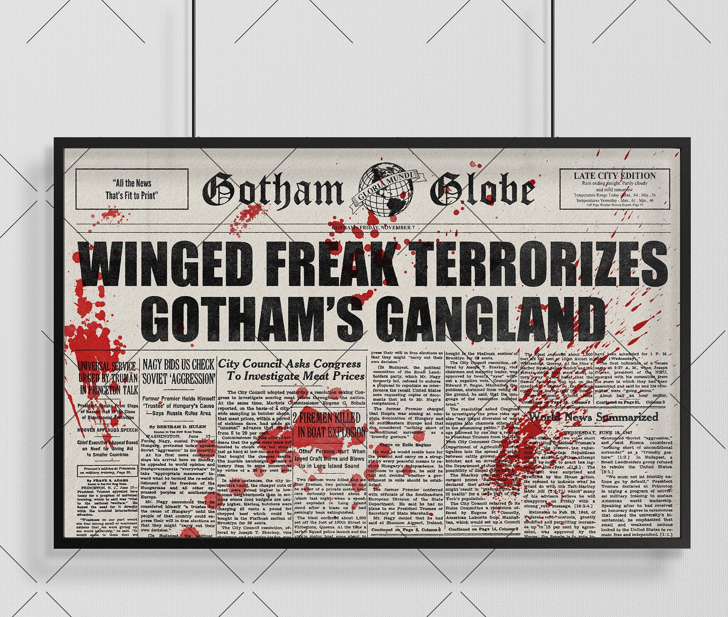 Winged Freak Terrorizes Gotham, Batman 1989 newspaper recreation | 11x17 Art Print