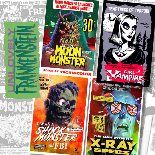 Shock Monster, Girl Vampire, Moon Monster and X-Ray Specs as classic B-Movies | 11x17 Four Print Set